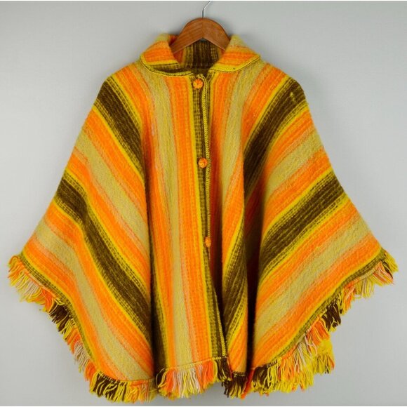 Sweaters - 1970s BRIGHT Yellow & Orange Poncho Striped